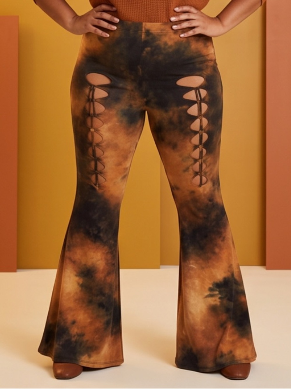 Y2K Soft Orange and Black Wide Leg Pants with Tie-Dye Flair